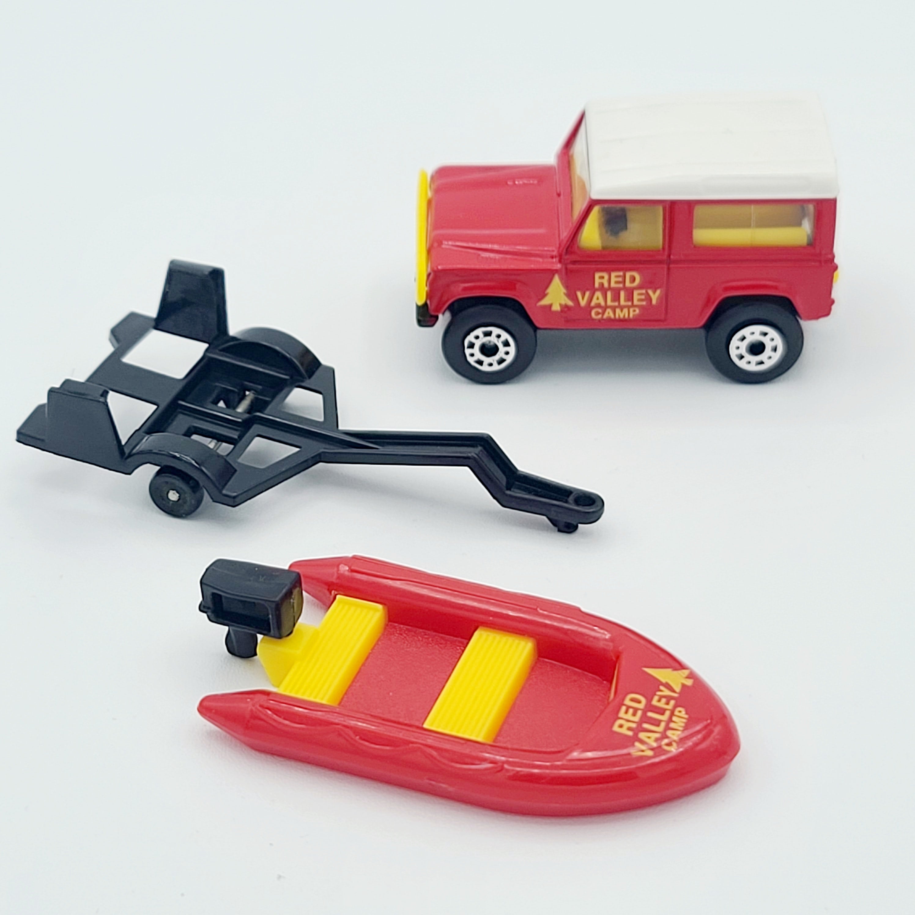 Matchbox Land Rover Ninety w/ Raft Trailer "Red Valley Camp" (1997 - 1998 MBX 5 Pack Exclusive - Land, Sea & Air)